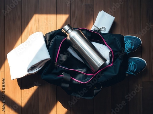 Gym bag with sportswear and water bottle on wooden floor