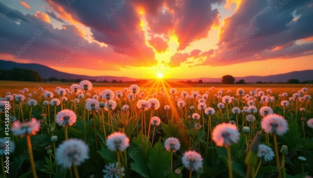 Fototapeta premium Fiery sunset over a sea of white dandelions, breathtaking scene , fire, idyllic