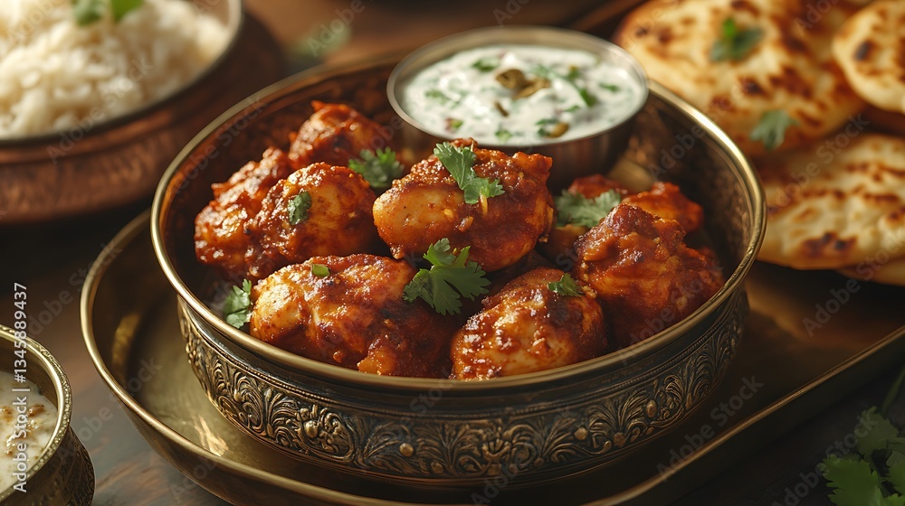 A traditional Indian feast setting with a brass serving tray filled with crispy, golden tandoori fried chicken, a bowl of creamy cucumber raita sprinkled with cumin, A traditional Indian feast setting with a brass serving tray filled with crispy, golden tandoori fried chicken, a bowl of creamy cucumber raita sprinkled with cumin,