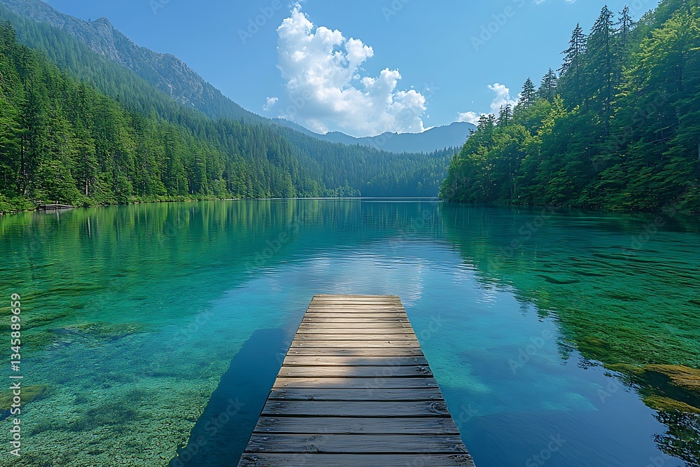 Serene Mountain Lake with Wooden Dock Crystal Clear Water and Lush Forest Scenery Serene Mountain Lake with Wooden Dock Crystal Clear Water and Lush Forest Scenery