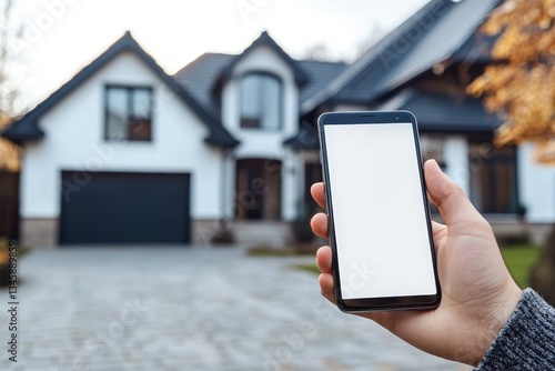 Wallpaper Mural hand shows white screen of smartphone against home outdoor, mock up, mockup, place for text and app, rental, booking, copy space, investments Torontodigital.ca