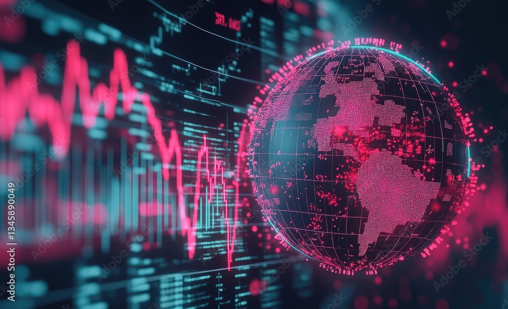 Global financial data visualization. Interactive, 3D representation of earth with global market analysis overlaid. Dynamic visuals illustrate trends and fluctuations Global financial data visualization. Interactive, 3D representation of earth with global market analysis overlaid. Dynamic visuals illustrate trends and fluctuations