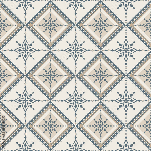 Elegant Geometric Tile Pattern with Snowflake Motifs, Traditional Ornamental Tile with Snowflake and Floral Accents