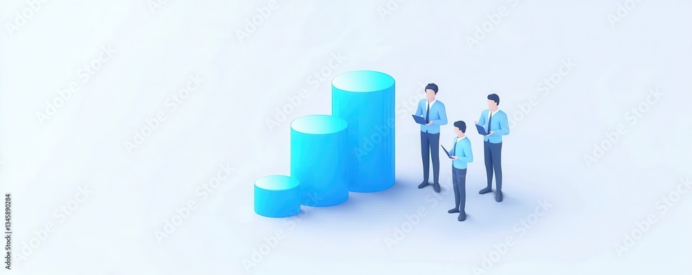 A digital illustration showing four figures analyzing growth represented by three blue cylindrical bars on a light background. A digital illustration showing four figures analyzing growth represented by three blue cylindrical bars on a light background.
