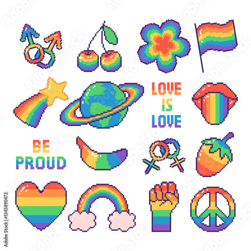 Set of LGBTQ stickers with pride symbols and positive messages in pixel style. Hand drawn vector illustration.