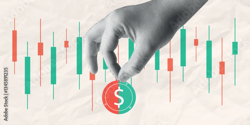 Halftone Collage Hand for investments concept, marketing, trading. Online Stock banner with coins, money, finance elements. Horizontal invest or business poster. Contemporary vector illustration.