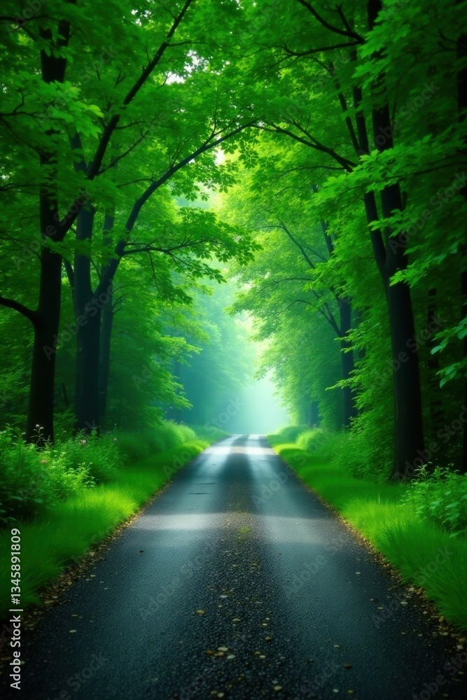Obraz premium Serene Pathway Through a Lush Green Canopy of Trees on a Misty Morning