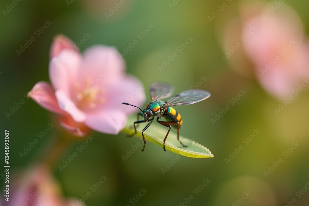 Colorful insect perched on a leaf adjacent to a flower against a blurred background Colorful insect perched on a leaf adjacent to a flower against a blurred background