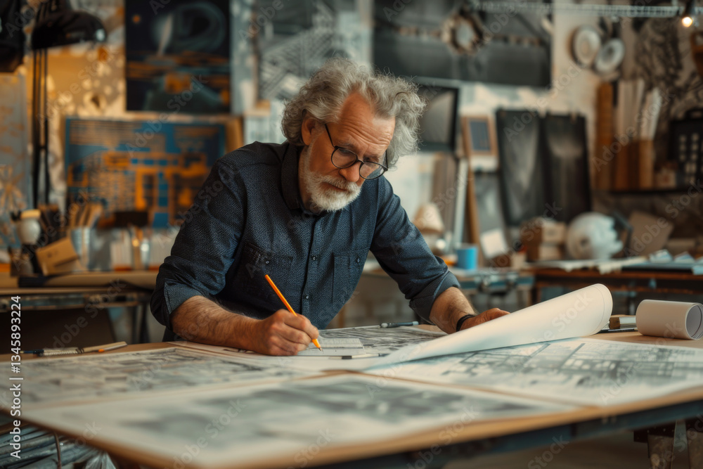 portrait of a determined architect at a drafting table, profile,surrounded by blueprints
