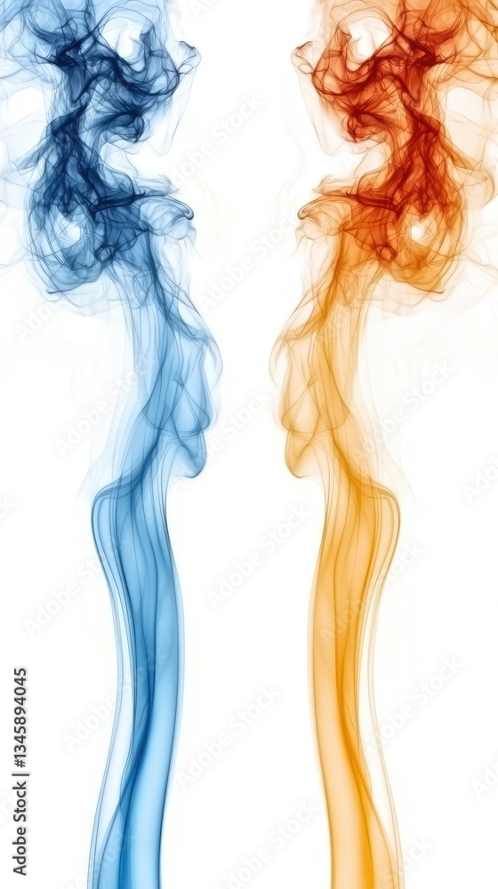 Blue and orange smoke swirls on white background, abstract art, design element Blue and orange smoke swirls on white background, abstract art, design element