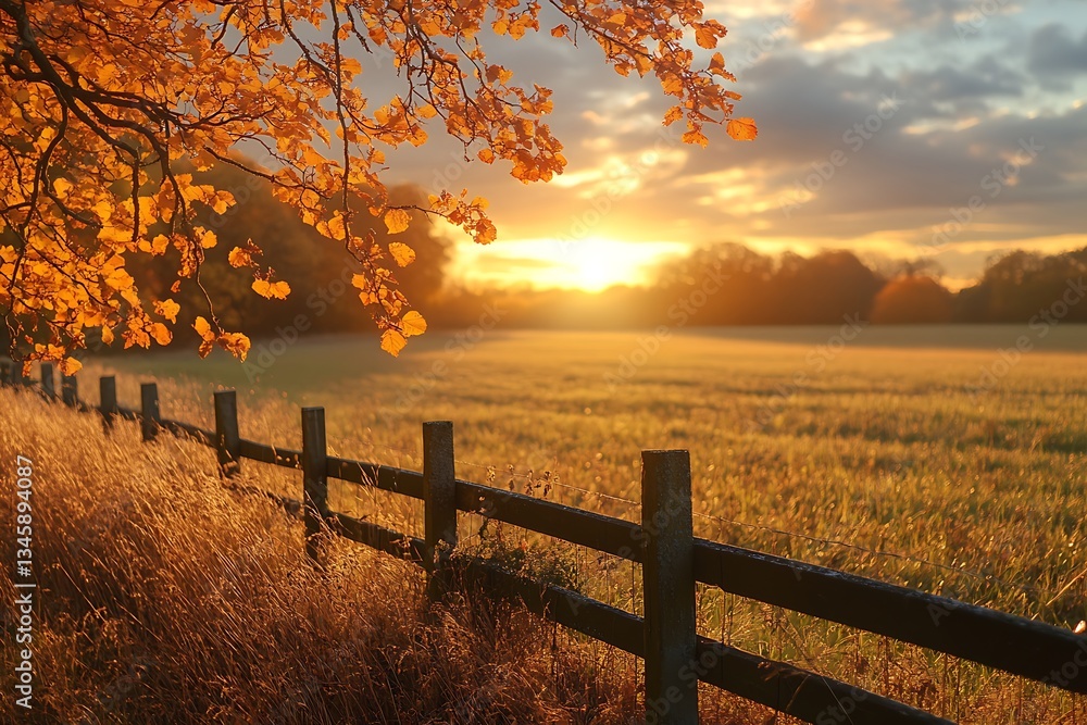 Obraz premium Golden Autumn Sunset Landscape Serene Field with Wooden Fence and Autumn Leaves