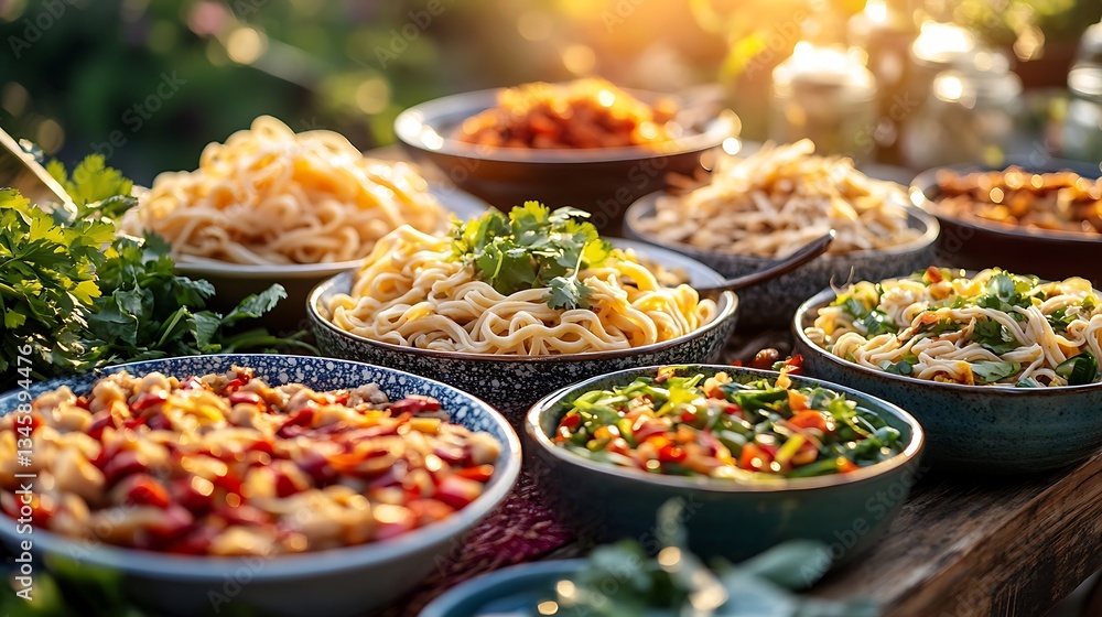 A colorful summer picnic setting featuring multiple cold noodle dishes, including spicy Sichuan cold noodles, Italian pasta primavera, and Vietnamese vermicelli salad, A colorful summer picnic setting featuring multiple cold noodle dishes, including spicy Sichuan cold noodles, Italian pasta primavera, and Vietnamese vermicelli salad,