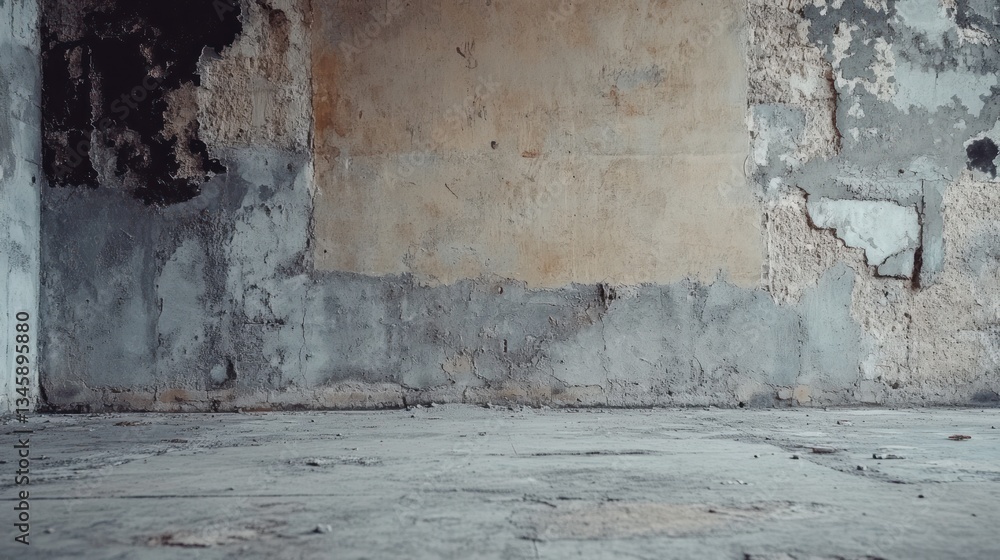 Obraz premium Grungy interior with peeling paint and cracked floor.