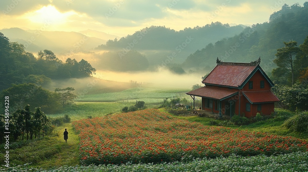 Fototapeta premium Serene Red Roofed House Amidst Lush Green Fields and Misty Mountains at Dawn