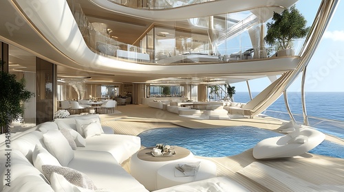 Luxurious yacht interior with pool and ocean view, for travel and leisure