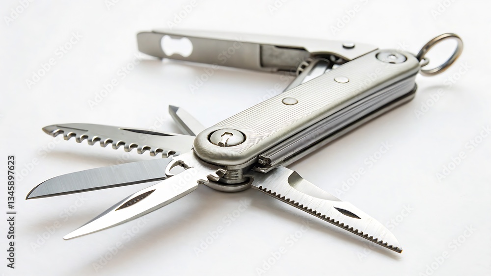 Multi-Tool with Foldable Knife and Screwdriver, Isolated on a White Background, Clean and Modern Survival Gear Stock Image designed for outdoor survival, camping, and DIY tasks Multi-Tool with Foldable Knife and Screwdriver, Isolated on a White Background, Clean and Modern Survival Gear Stock Image designed for outdoor survival, camping, and DIY tasks