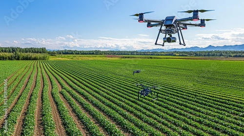 High-tech agriculture aerial view showcasing drones monito a vast field of healthy crops using advanced AI technology for precision farming.