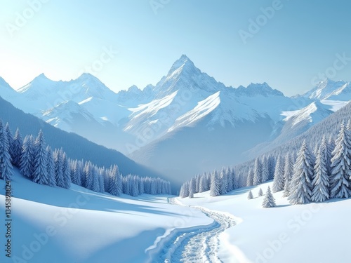 Wallpaper Mural Snowy mountain landscape with evergreen trees and footprints in the snow Torontodigital.ca