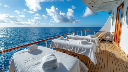 Luxury cruises vacation exclusive getaway. Relaxing spa area on a cruise ship with ocean view.