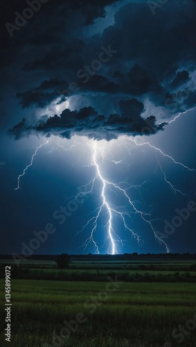 Blue lightning during a thunderstorm, dramatic sky