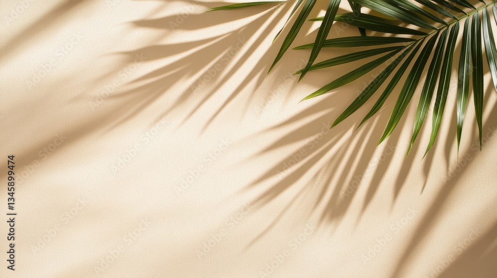 Obraz premium Palm Leaves Casting Shadows On Beige Background Wall.