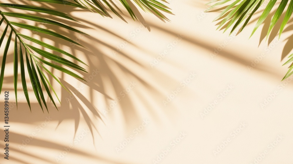 Fototapeta premium Lush Palm Fronds Forming Shadows On Beige Backdrop