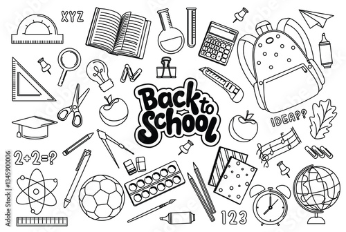 Back to school outline elements clipart set. School drawing silhouette items clip art educational objects, supplies and material icon collection vector illustration.  
