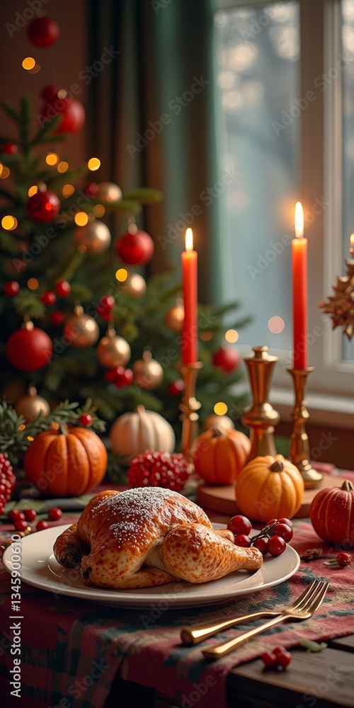 A festive holiday table setting, featuring a roasted chicken and pumpkins, with a Christmas tree in the background A festive holiday table setting, featuring a roasted chicken and pumpkins, with a Christmas tree in the background