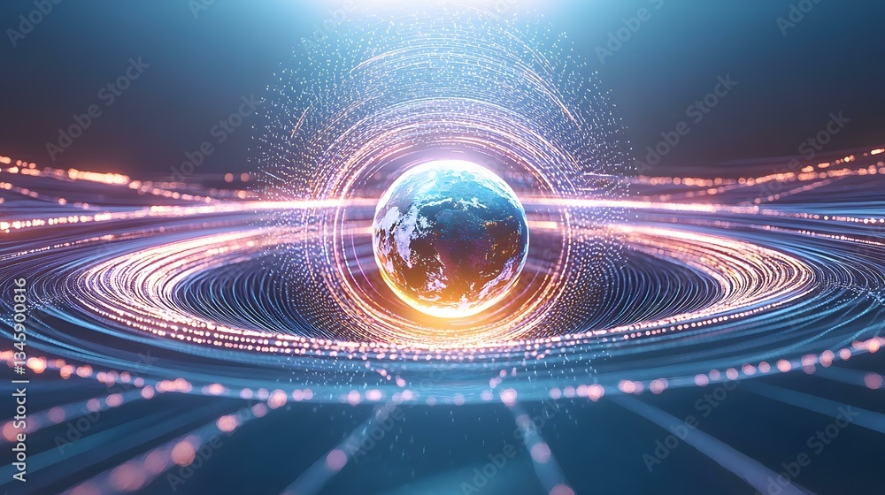 The image shows a digital rendering of planet Earth at the center of a swirling vortex of light and data streams, suggesting global connectivity and data flow. The image shows a digital rendering of planet Earth at the center of a swirling vortex of light and data streams, suggesting global connectivity and data flow.