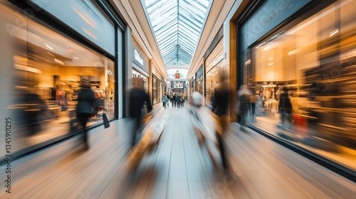 Vibrant energy of a busy shopping street filled with pedestrians and enticing store displays during peak hours