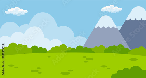 Park with mountain landscape scene illustration background with blank space area. Suitable for poster, banner, greeting card.