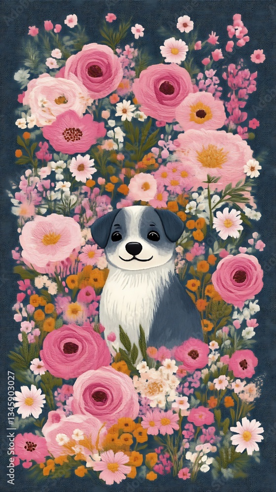Puppy Amidst Blooming Spring Flowers. Puppy Amidst Blooming Spring Flowers.