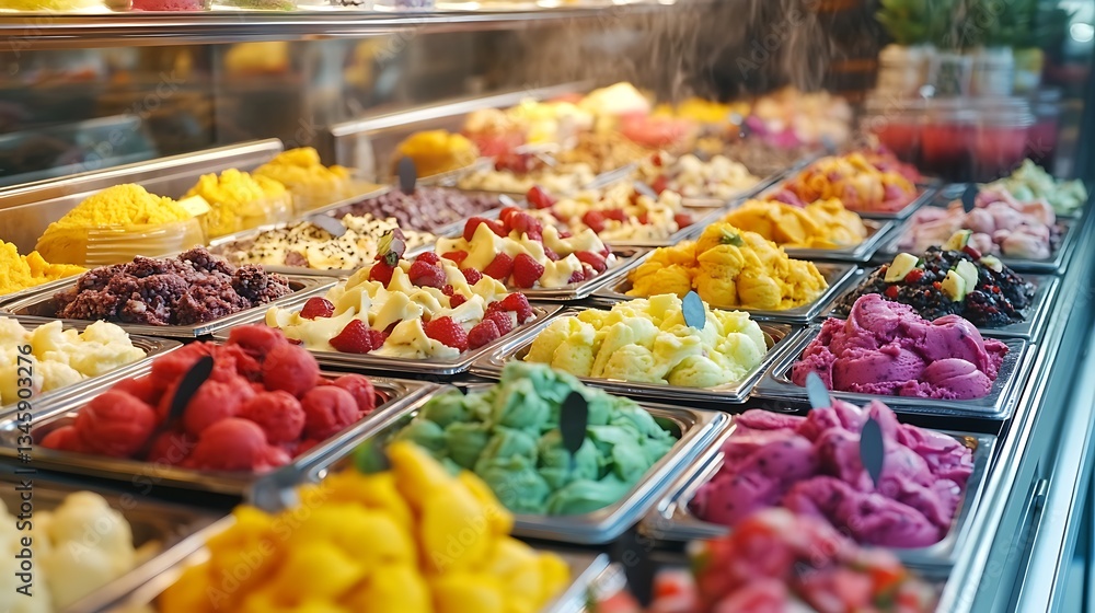 Obraz premium A vibrant selection of vegan frozen treats at a high-end organic market, colorful acai bowls, dragon fruit smoothies, and pistachio gelato displayed in an elegant refrigerated case,