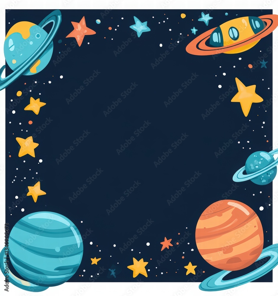 Naklejka premium cute space adventure. illustration with planets, spaceship, and stars in kawaii doodle style on a dark blue background with white outlines, perfect for children's books, posters