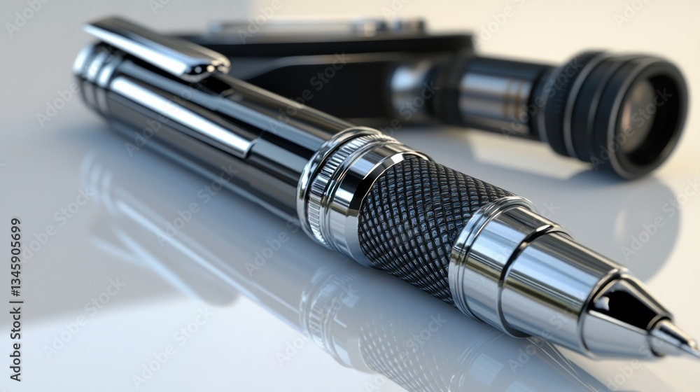A silver and black pen resting near a camera lens A silver and black pen resting near a camera lens