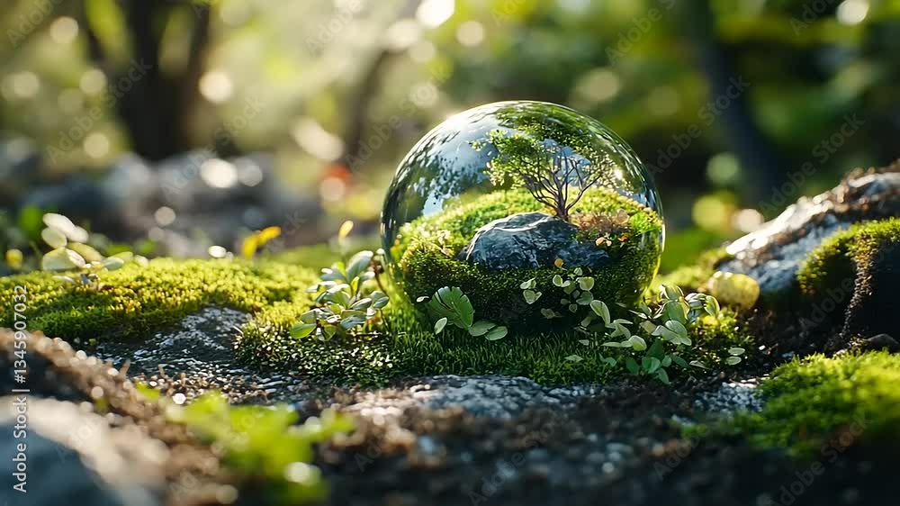 A crystal-clear orb reflecting a vibrant tree amidst lush green moss in a serene forest setting