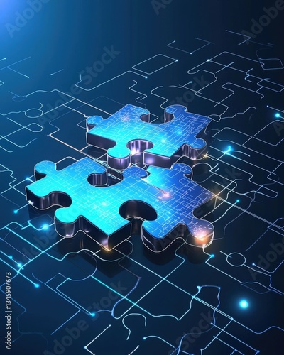 Two glowing puzzle pieces interlock dynamically on a circuit board background illustrating AI generated solutions and innovative technological
