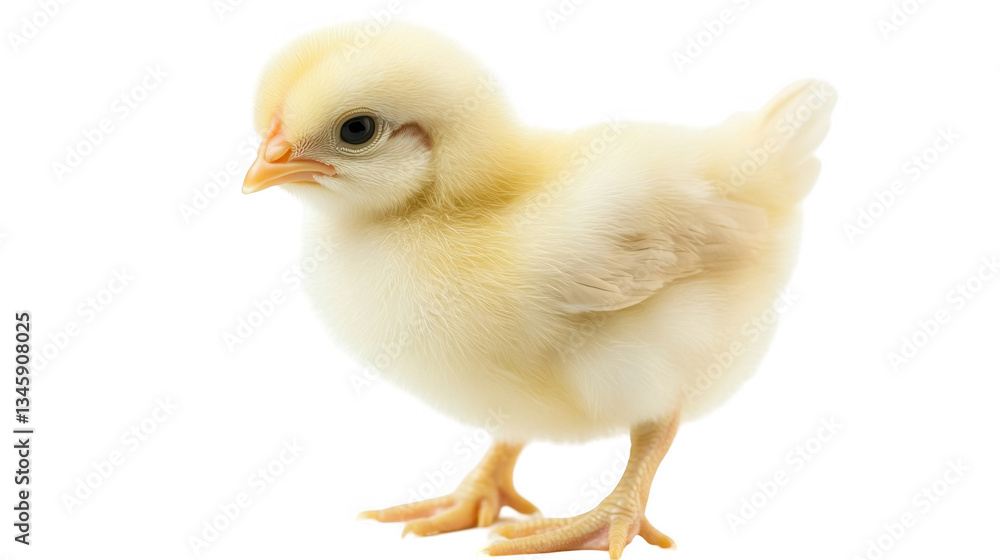Obraz premium Cute Yellow Chick Standing on White Background in Soft Focus