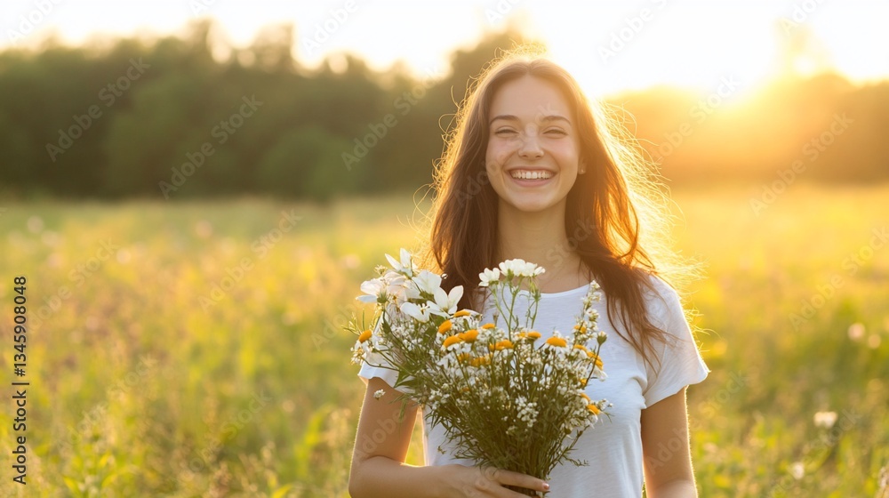 Smiling woman holding flowers in field Smiling woman holding flowers in field