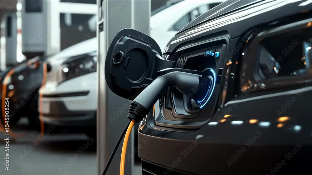 Close-up of electric car charging at a station, representing modern transportation technology. Close-up of electric car charging at a station, representing modern transportation technology.