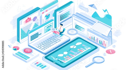 Wallpaper Mural Data analysis, digital workplace,  man working on laptop surrounded by digital devices and charts. Torontodigital.ca