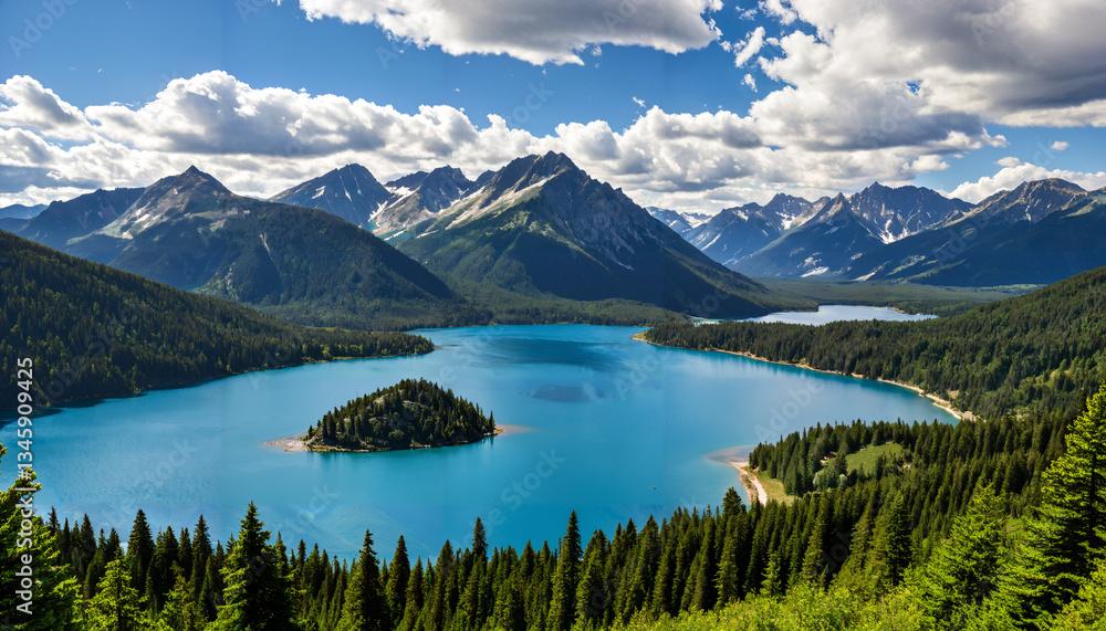 Fototapeta premium Le paysage montagneux avec un lac bleu et des arbres verts