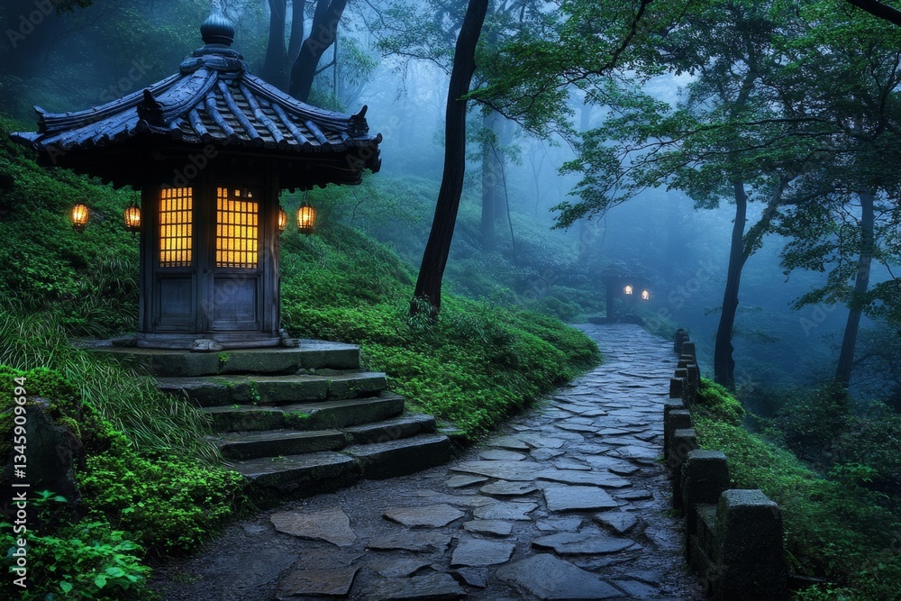 Obraz premium A mystical samurai village hidden in the Izu mountains, glowing lanterns lighting up the foggy night
