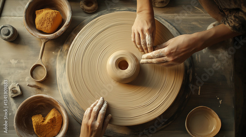 Top-down view of a potter’s wheel with a partially shaped clay vessel, artisan’s hands gently molding the piece. Wooden tools, sponges, and water bowls surround the workspace. Soft natural light.
