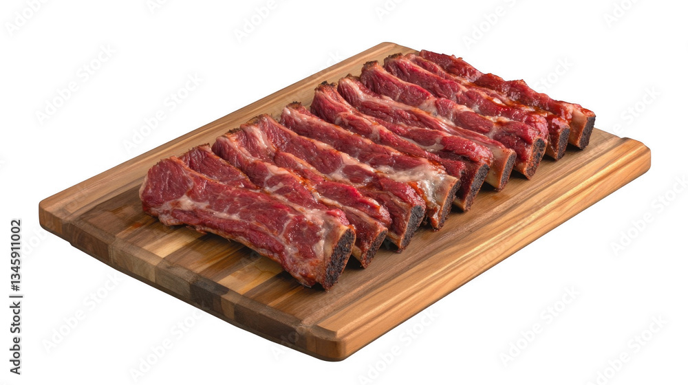 Fototapeta premium Fresh Uncooked Beef Ribs Arranged on a Wooden Cutting Board