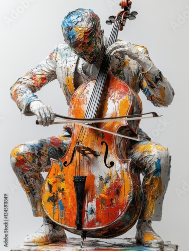 A colorful, textured sculpture of a person playing a cello. Bold art piece