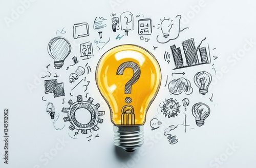 Problem-solving, brainstorming, and idea generation concept.  A central lightbulb with a question mark, surrounded by hand-drawn sketches of related concepts