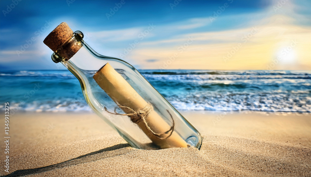 Obraz premium bouteille en verre avec un message sur papier dedans, échouée sur une plage