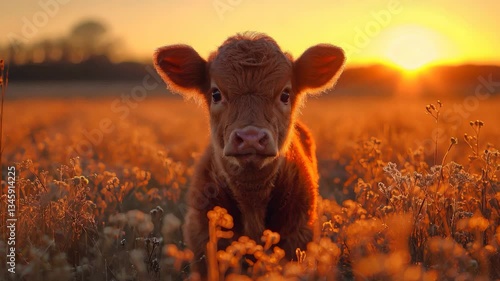 young cow in the sunset on a field