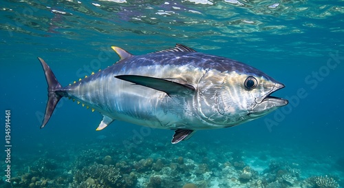 A large tuna fish, known for its powerful build and metallic blue and silver scales.